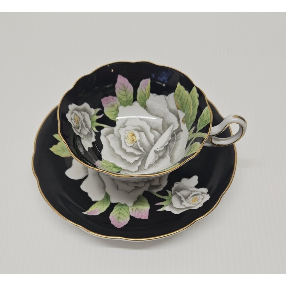 Cabbage Rose Black Hand Painted Teacup and Saucer American Beauty Occupied Japan